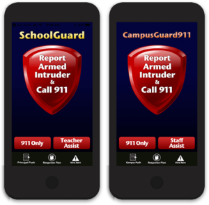 Mockups of SchoolGuard and CampusGuard911 mobile apps.